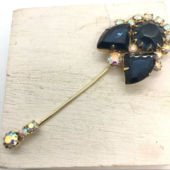 Rhinestone Geometric Brooch Stick Pin Vintage 60s Sapphire Blue Aurora B… - Picture 1 of 13